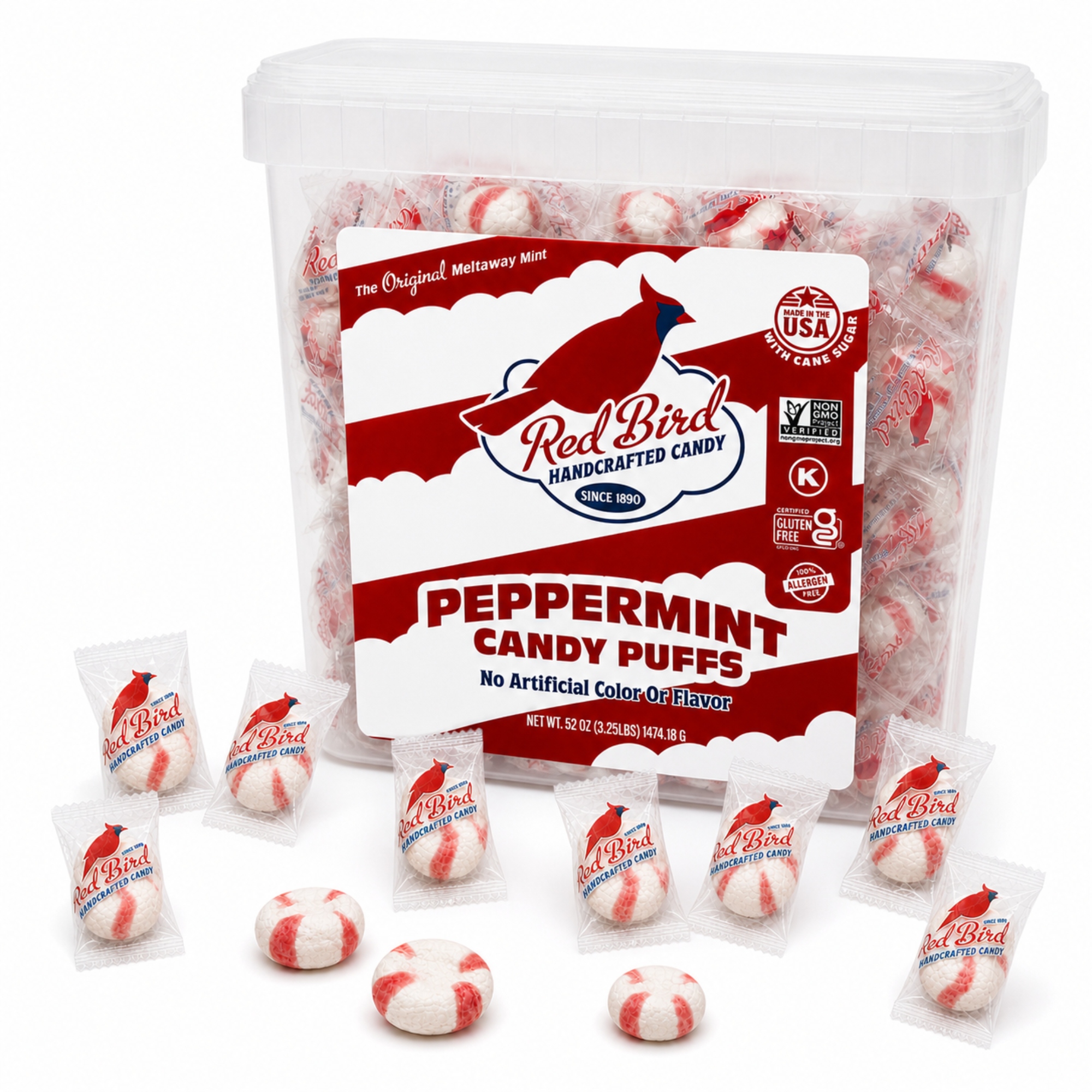 Red Bird Peppermint Candy Puffs, 52 oz Tub
