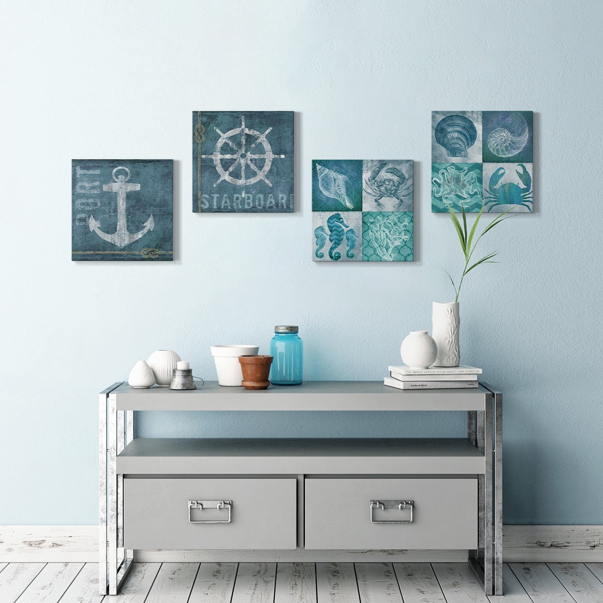 Bathroom Wall Décor Nautical Pictures Prints Sea Animals Navy Blue Canvas Wall Art 12 x 12 inches, Set of 4 Framed on Solid Wood Artwork for Home Cabin Office
