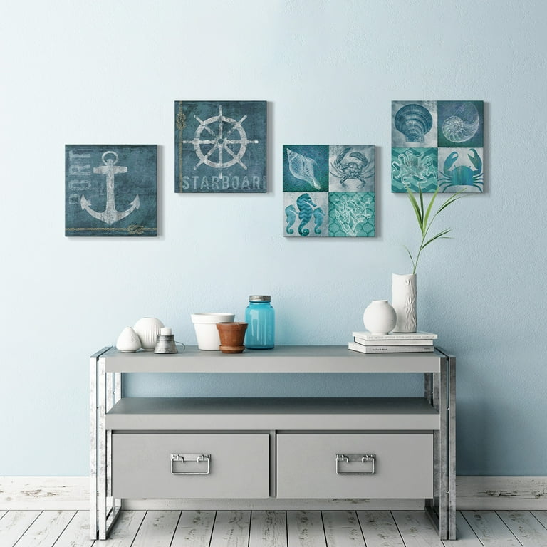 Blue shops Wall Art, Set of 4 Watercolor Art Prints, Nautical home decor, Bathroom decor