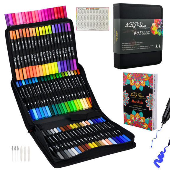 NextG Ideaz Dual Tip Brush Art Marker Pens, 80 Color, Water-Based Ink, Fineliner & Brush Tip Pens