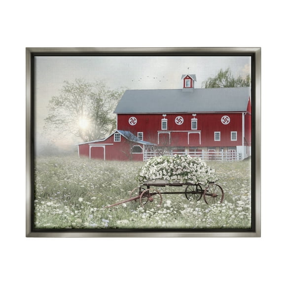 Stupell Red Barn Floral Wagon Meadow Landscape Painting Gray Floater Framed Art Print Wall Art
