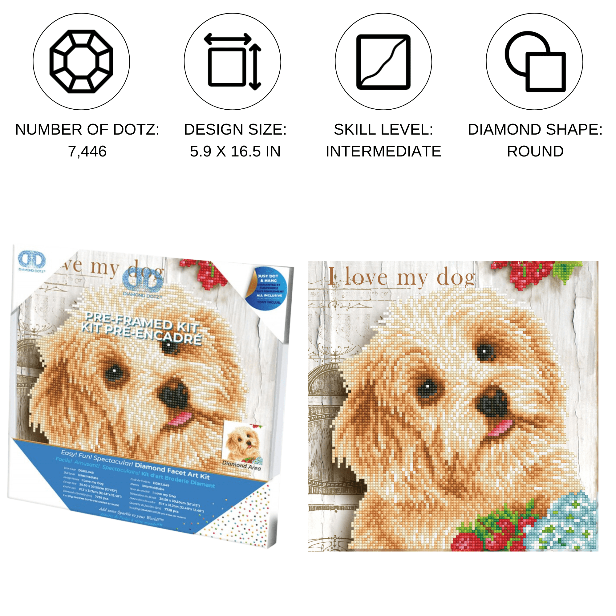 Diamond Dotz I love my Dog with Frame Animal Diamond Painting Kits for Adults - Diamond Art Kits a Relaxing Creative Craft Kit with Dotz Gems 12"x12"