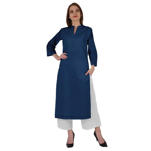 Bimba Kurta Droite Unie Ethnique Indienne pour Femmes à Col Mandarin avec Encolure Plissée en Coton