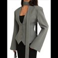 thumbnail image 2 of Chaqueta de Traje de Larga para Mujer, Color Liso, Cuello en V, Corte Entallado y Hombreras Gris L, 2 of 10
