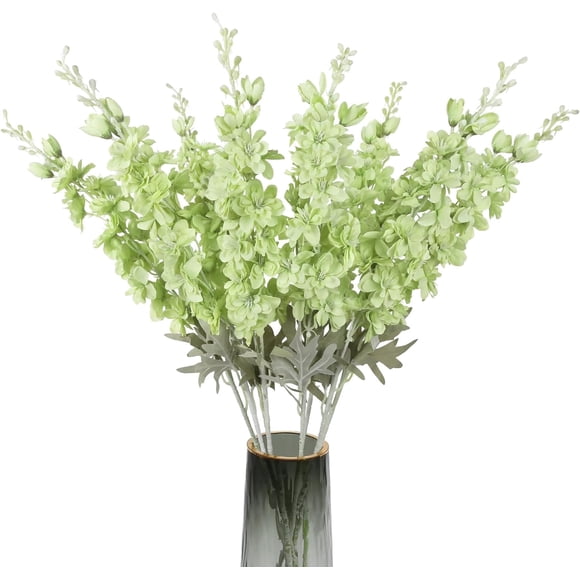 8PCS Delphinium Artificial Flowers Larkspur Fake Green Flowers 33.5in Long Stem Faux Silk Flowers for Tall Vases for Home Wedding Floral Arrangement Centerpiece Table Decorations (Light Green)