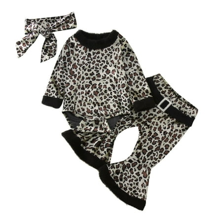 

Girls Long Sleeve Leopard Prints Romper Bodysuit Bell Bottoms Flare Pants Headbands Set For 12-18 Months