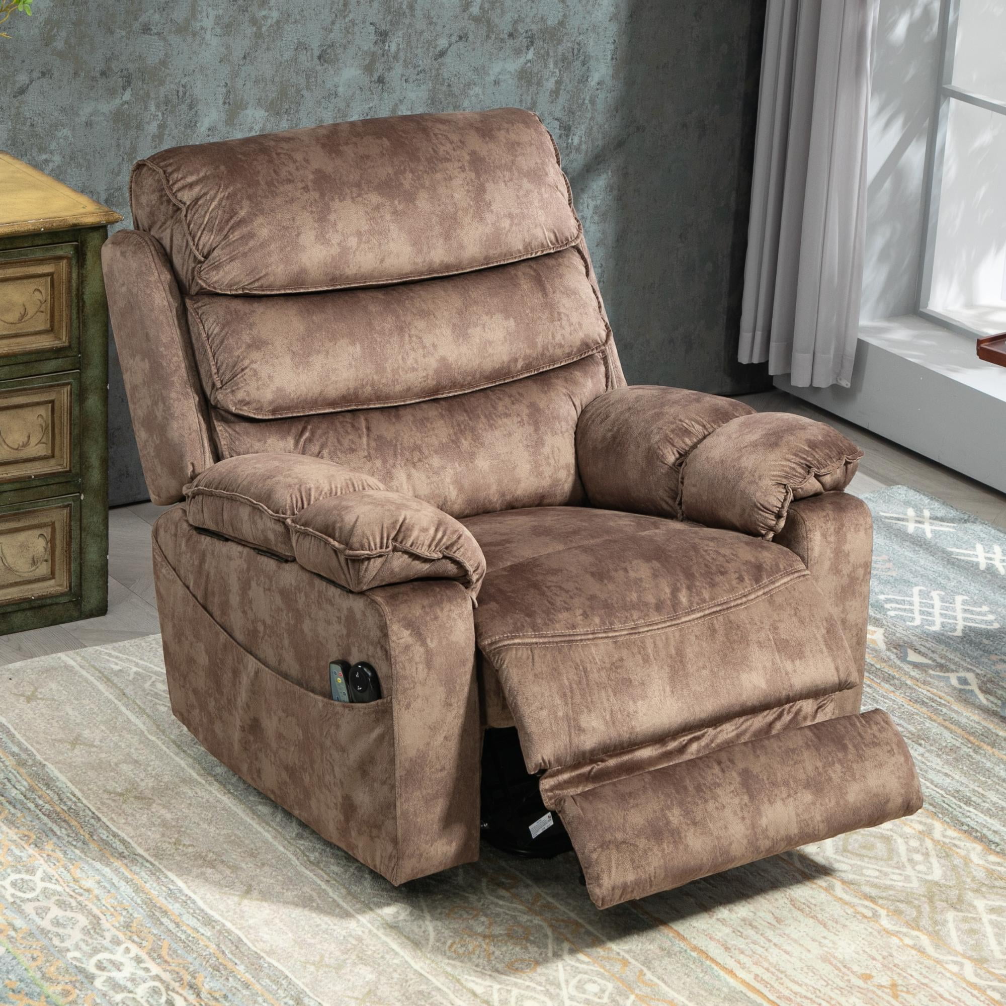 Oversized Recliner Chair 27-inch Wide Seat with Extended Footrest - Power Lift Recliner for Elderly with Heat Massage - Flip Arm Storage Cup Holders 350 lbs
