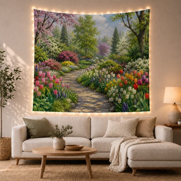 Spring Tulip Garden Along a Winding Stone Path, Serene Watercolor for Flower Lovers, Botanical Wall Art, Housewarming Gift, Tapestry Wall Hanging for Bedroom and Living Room