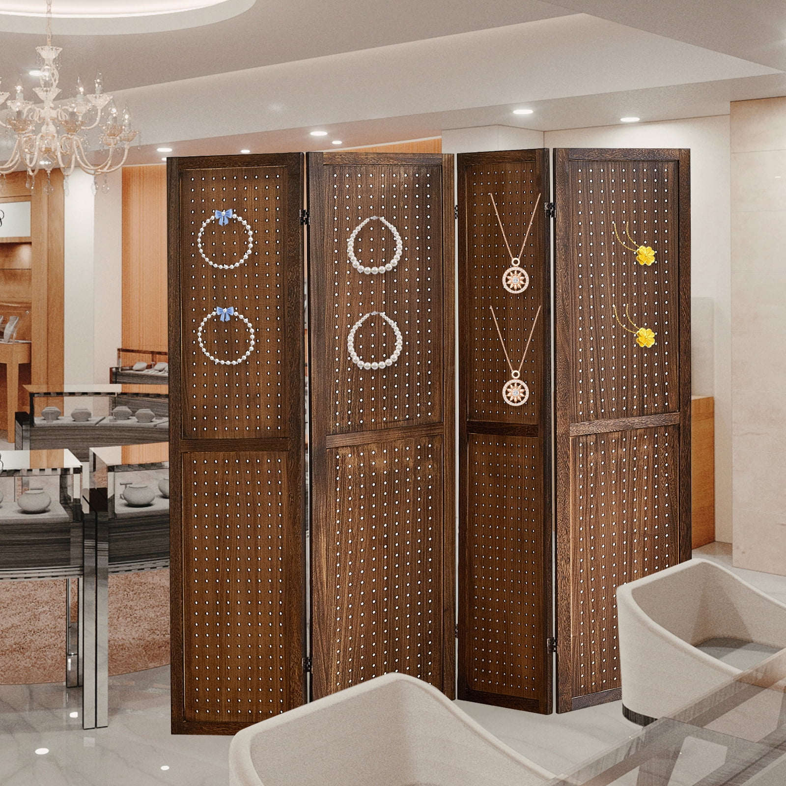 Aletheiawu 4 Panel Display with 16 Hooks, Wood Room Divider Wall, No Installation, Dark Brown