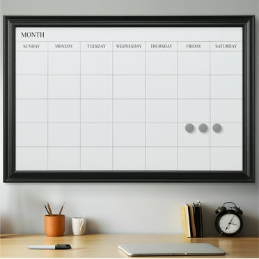Navaris Framed Calendar Whiteboard for Wall - 23.6" x 35.4" Magnetic Dry Erase Monthly Planner - White Board with Frame - Includes Magnets and Marker