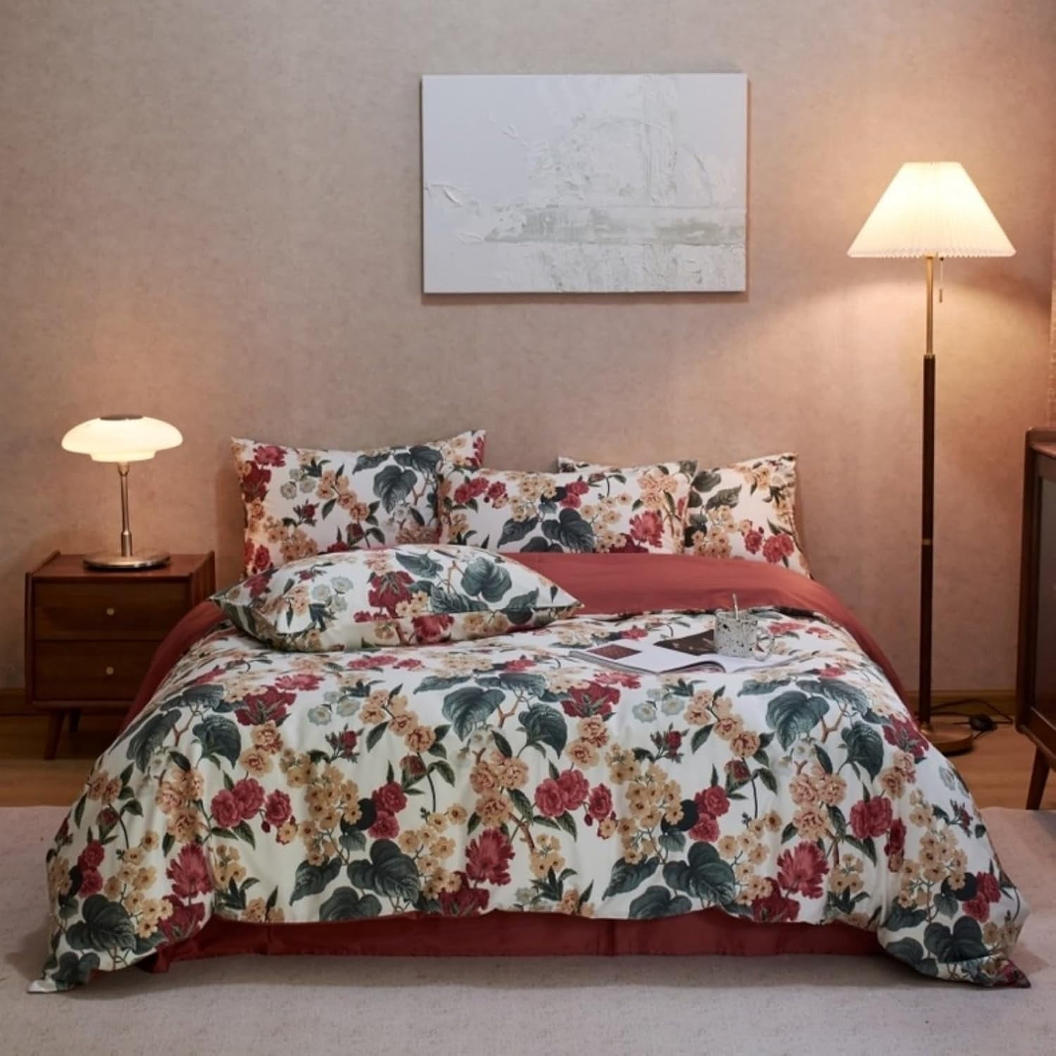NAYOROOM Duvet Cover Set Queen, 3 Piece Romantic Red Floral Breathable Reversible Soft Duvet Cover Set for Adults