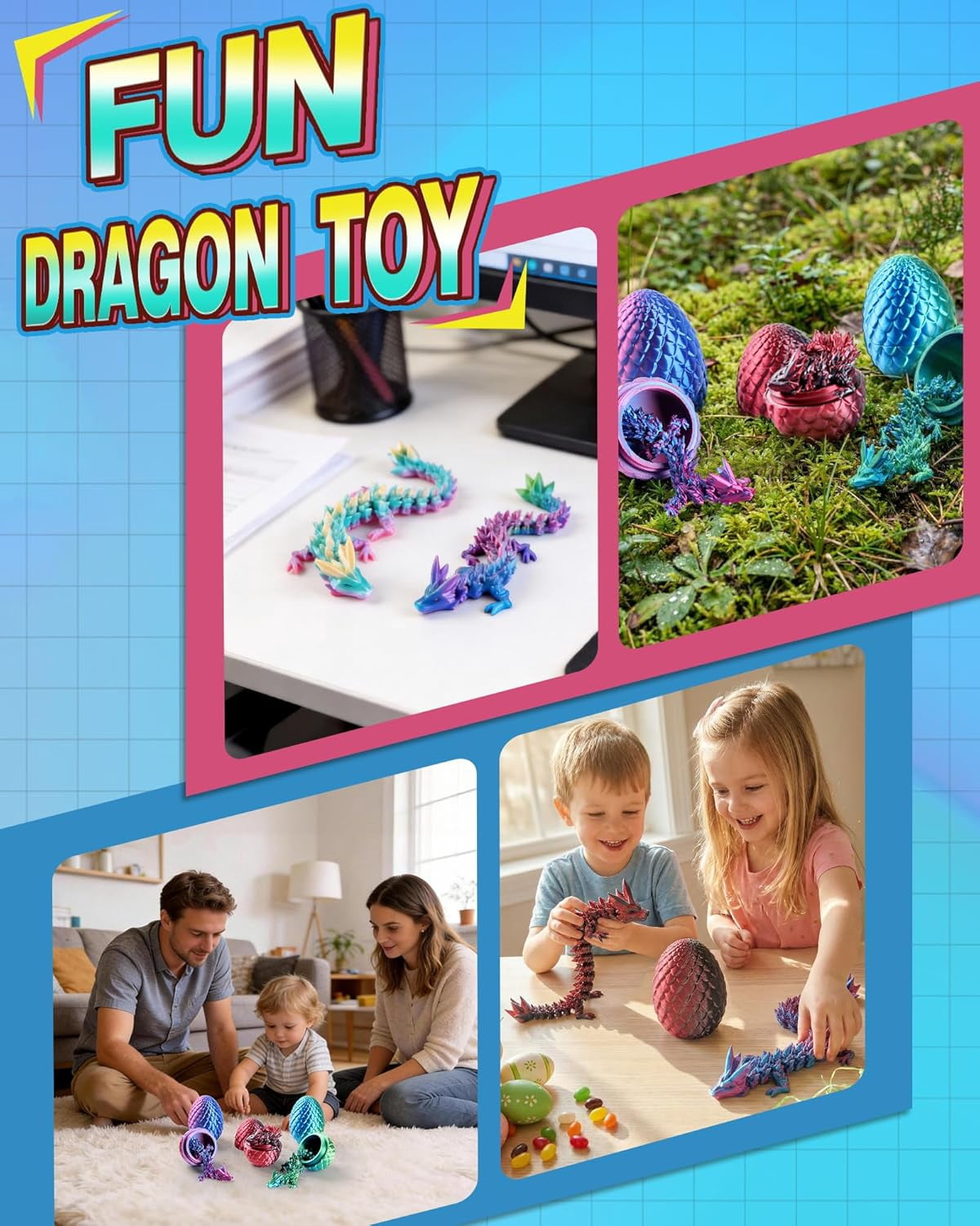 8" 3D Printed Dragon Eggs, Mystery Crystal Dragon Egg for Easter Basket Stuffers, Unique Easter Toys & Decor, Fantasy Tabletop Decor for Kids & Collectors (4 Pack)