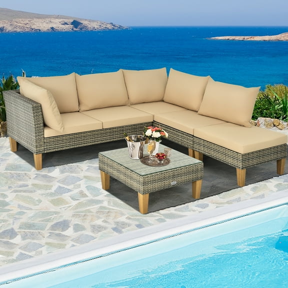 Gymax 4PCS Outdoor Furniture Set Rattan Patio Sectional Sofa Set w/ Cushion