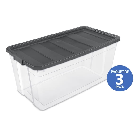 Sterilite 189 L Bac à loquets, extra-grand bac de rangement en plastique transparent durable avec couvercle, gris foncé, 3 Pk