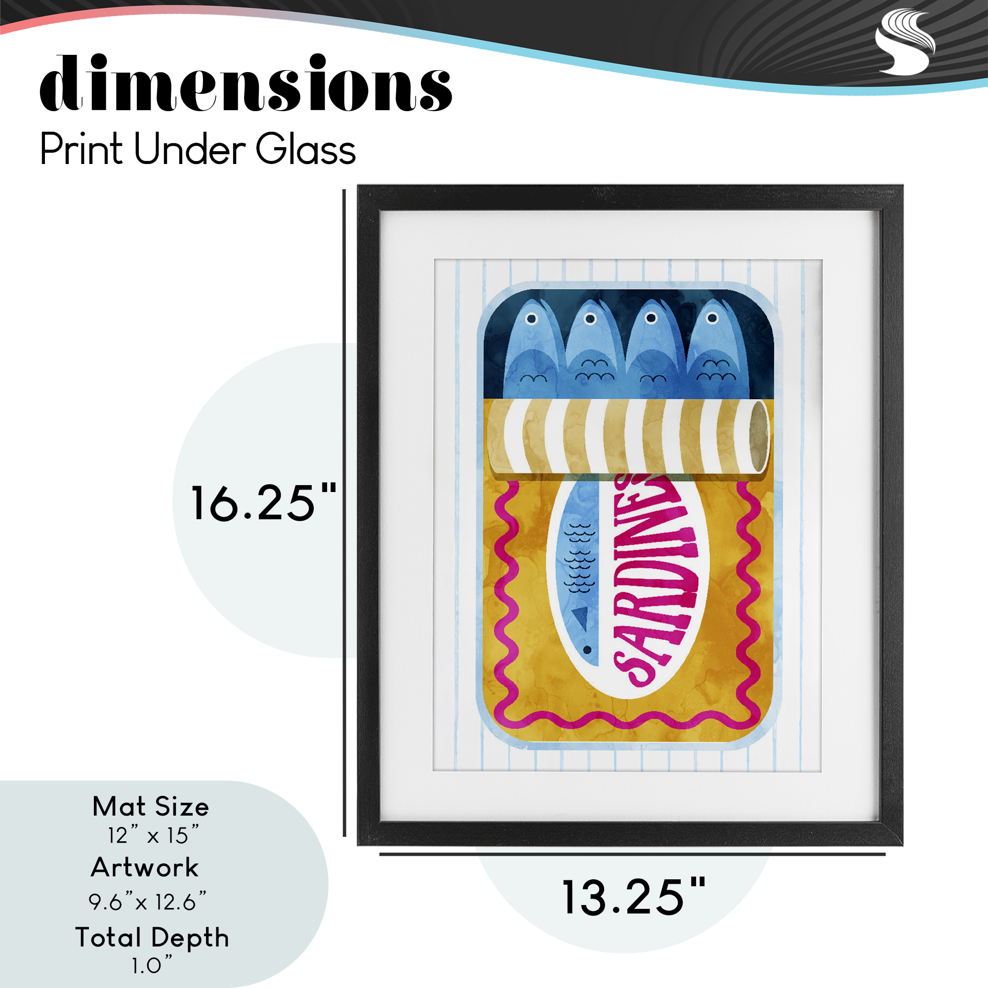 Yellow Sardine Tin over Stripes Black Framed Print Under Glass, design by Daphne Polselli