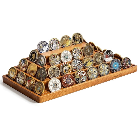 SLUMLOVE 4-Tier Solid Wood Challenge Coin Display Stand - 7-Slot Walnut Military Coin Holder for Desk, Collector‘s Gift