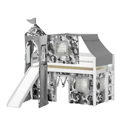 JACKPOT! Castle Low Loft Bed with Slide Gray Camo Tent and Tower Loft Bed Twin White