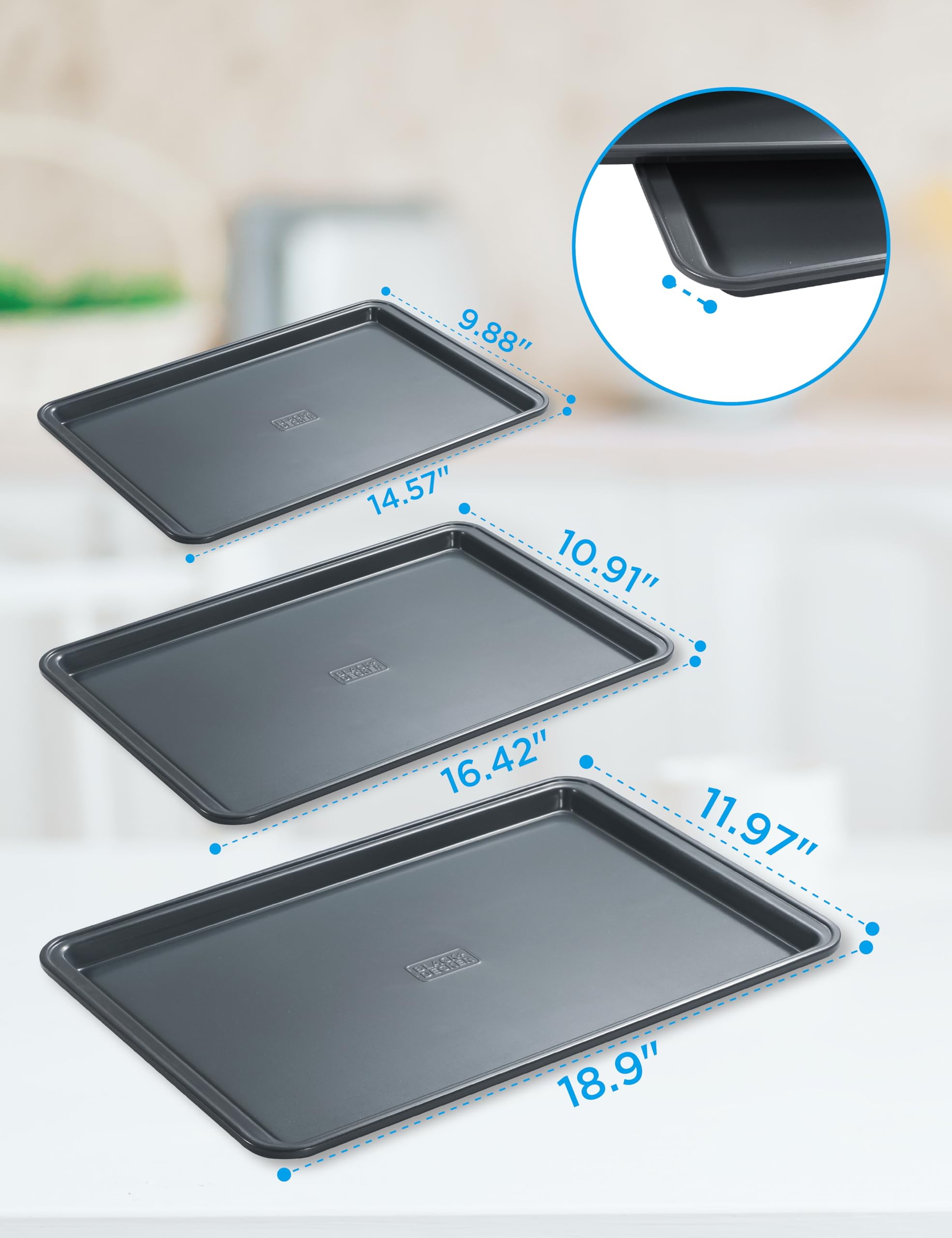 BLACK+DECKER 3-Piece Carbon Steel Baking Sheet Set, Includes 13”, 15”, 17” Cookie Sheets for Baking, 0.4mm Carbon Steel Baking Pans Set with Ceramic Non-Stick Coating, Black Finish