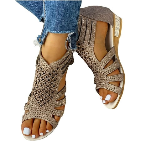 

Womens Sandals Heels Low Women s Hollowed Out Wedge Sandals Open Toe Casual Zipper Sandals Beach Summer Rhinestone Sandals