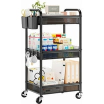 3 Tier Rolling Cart – Metal Utility Storage Cart with Wheels, Craft Cart Organizer with Hanging Cups, Hooks, Mesh Basket for Bedside Kitchen Office Art, Black