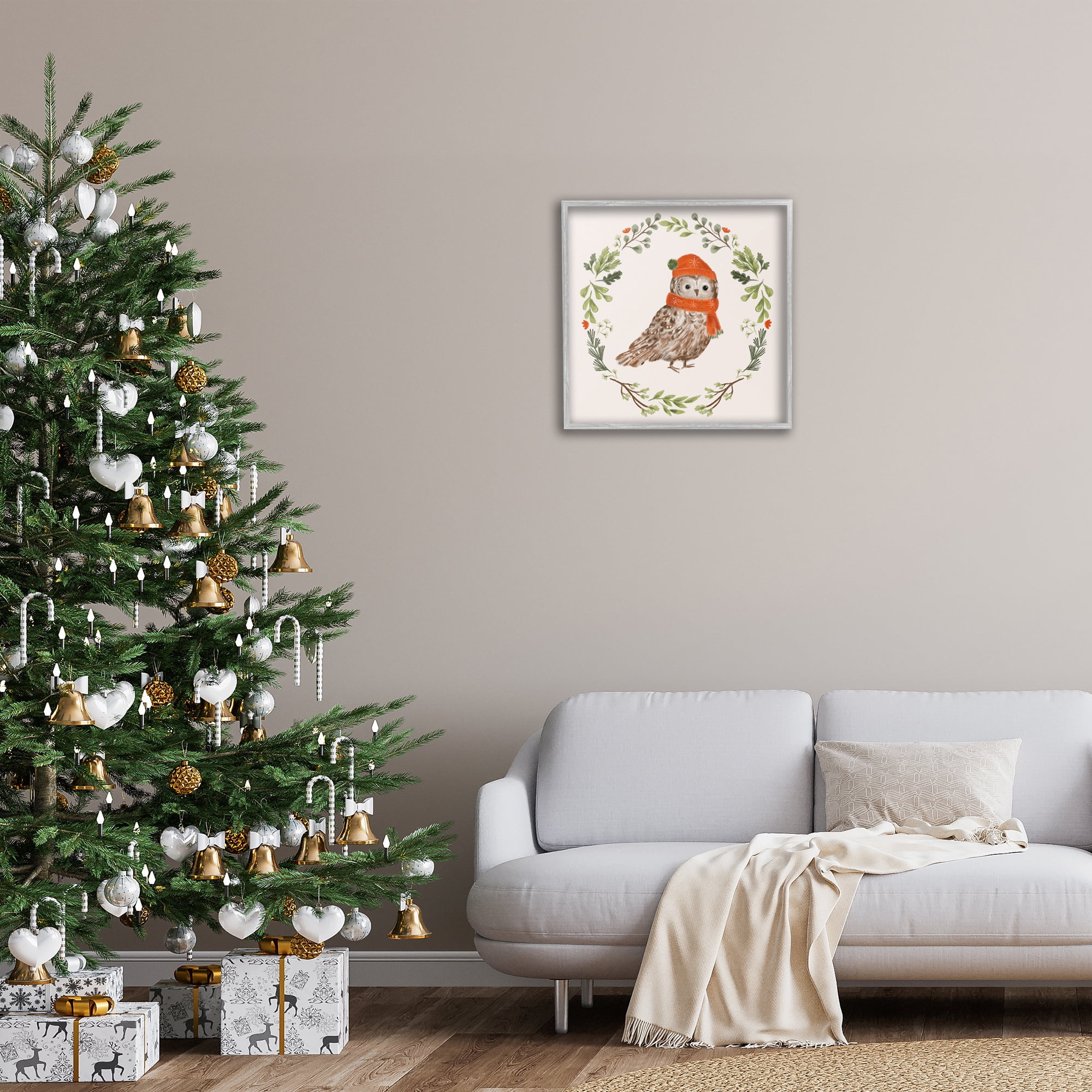 Stupell Industries Holiday Owl Wreaf Holiday Painting Gray Framed Art Prints Wall Art, 24 x 24