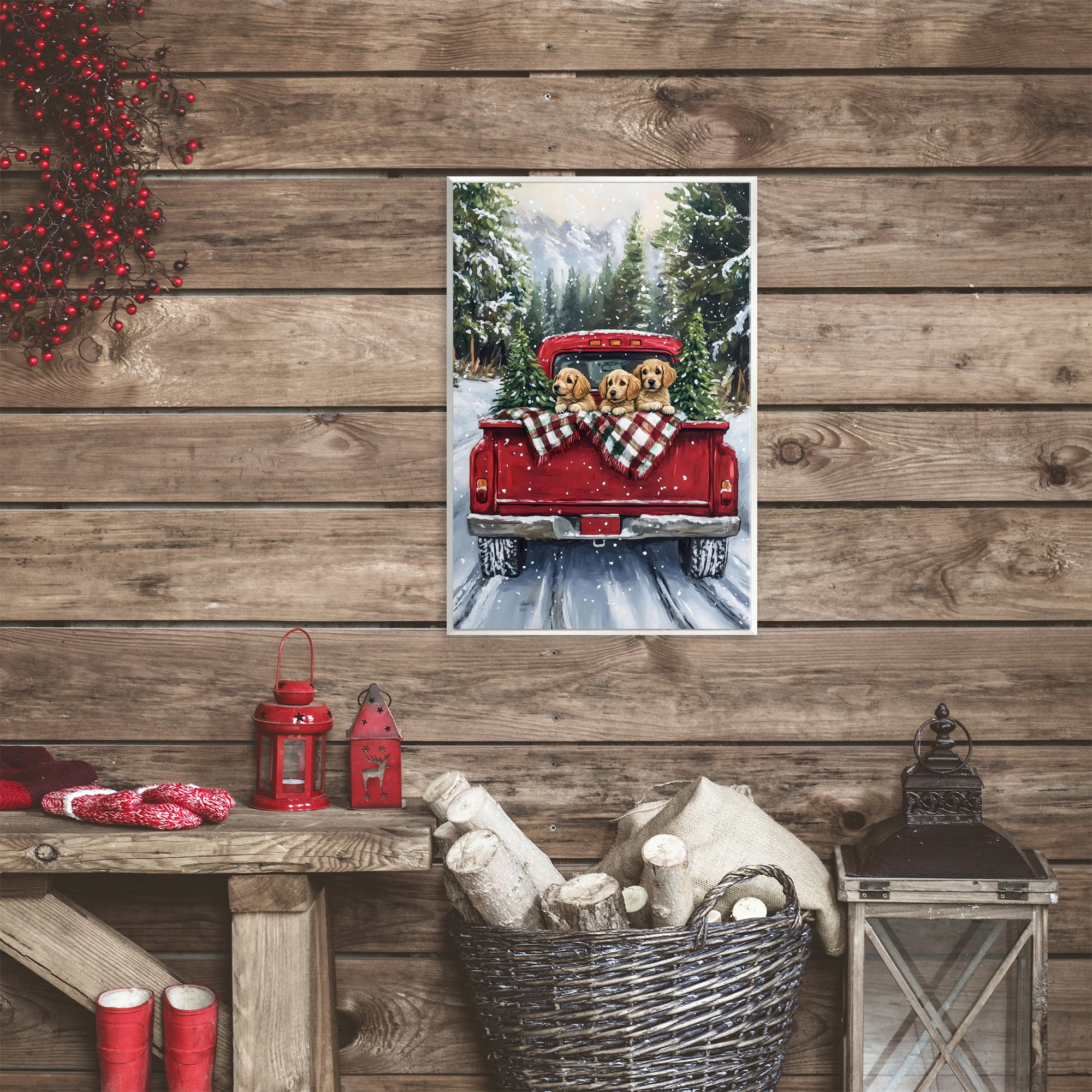 Golden Pups Christmas Truck Wall Plaque Art, design by Petal Prints Design