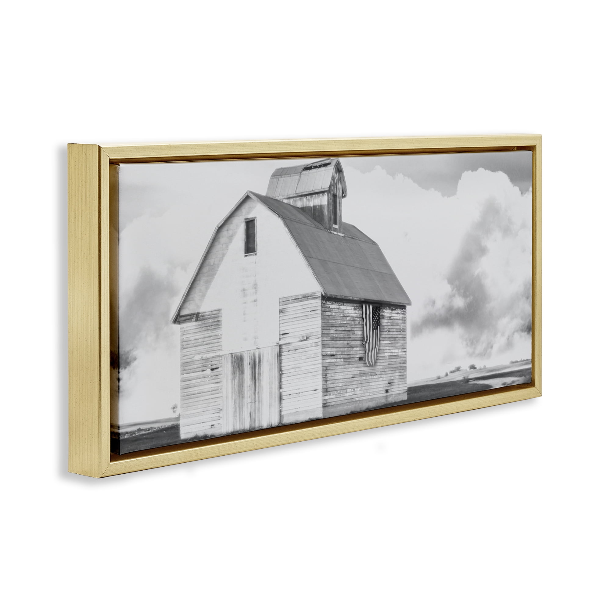 Stupell Industries USA Flag on Barn Patriotic Painting Gold Floater Framed Canvas Art Print Wall Art, 25 x 11