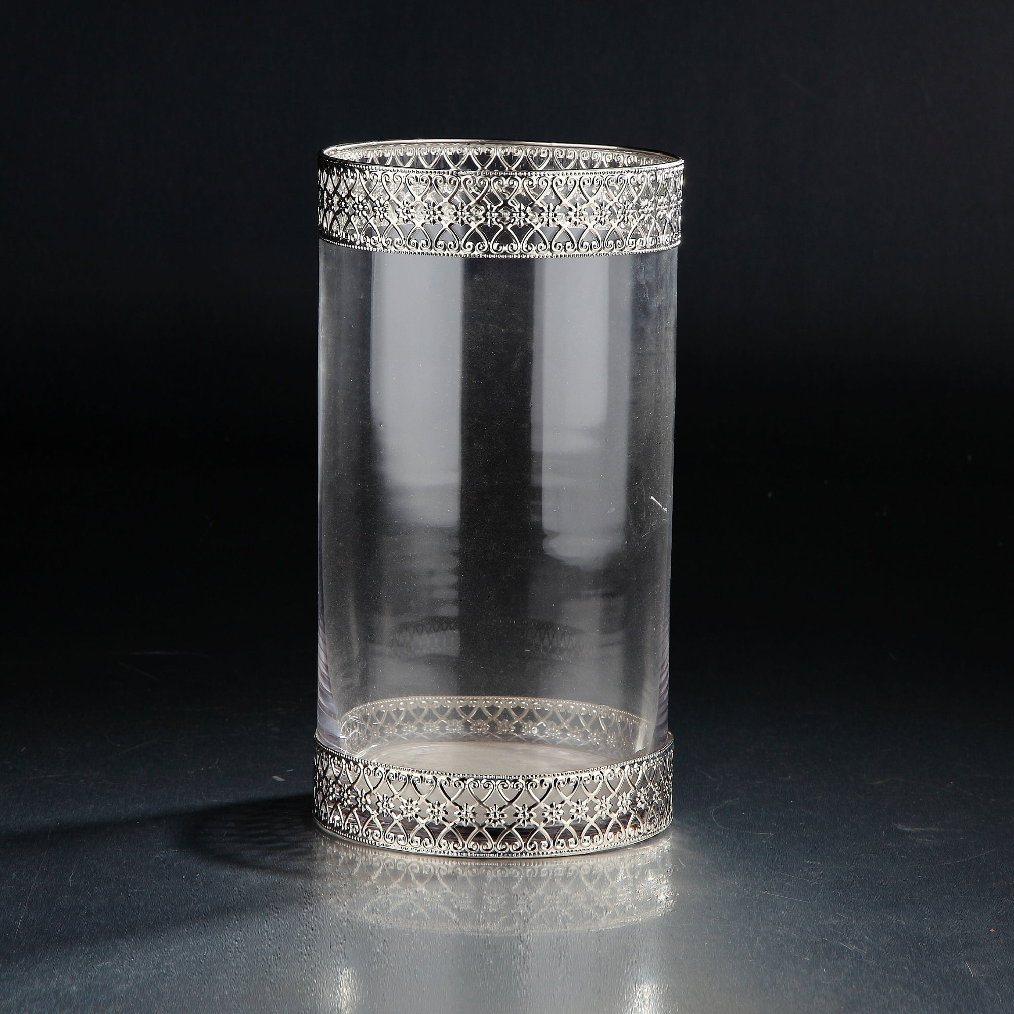 11" Clear and Silver Colored Decorative Cylindrical Glass Vase