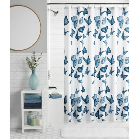 Mainstays Butterfly 13 Piece Shower Curtain and Hook Set, 72 x 72, Blue