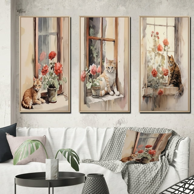 Designart "Watercolor Orange Cat on Windowsill" Animals Cat Framed Wall Art Set Of 3 - Brown Cat Frame Canvas Set For Living Room Decor