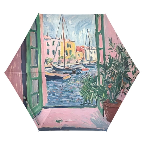 FORMRS Travel Umbrella Folding Auto Open Close Windproof Rain UV Protection, Green Window Sea