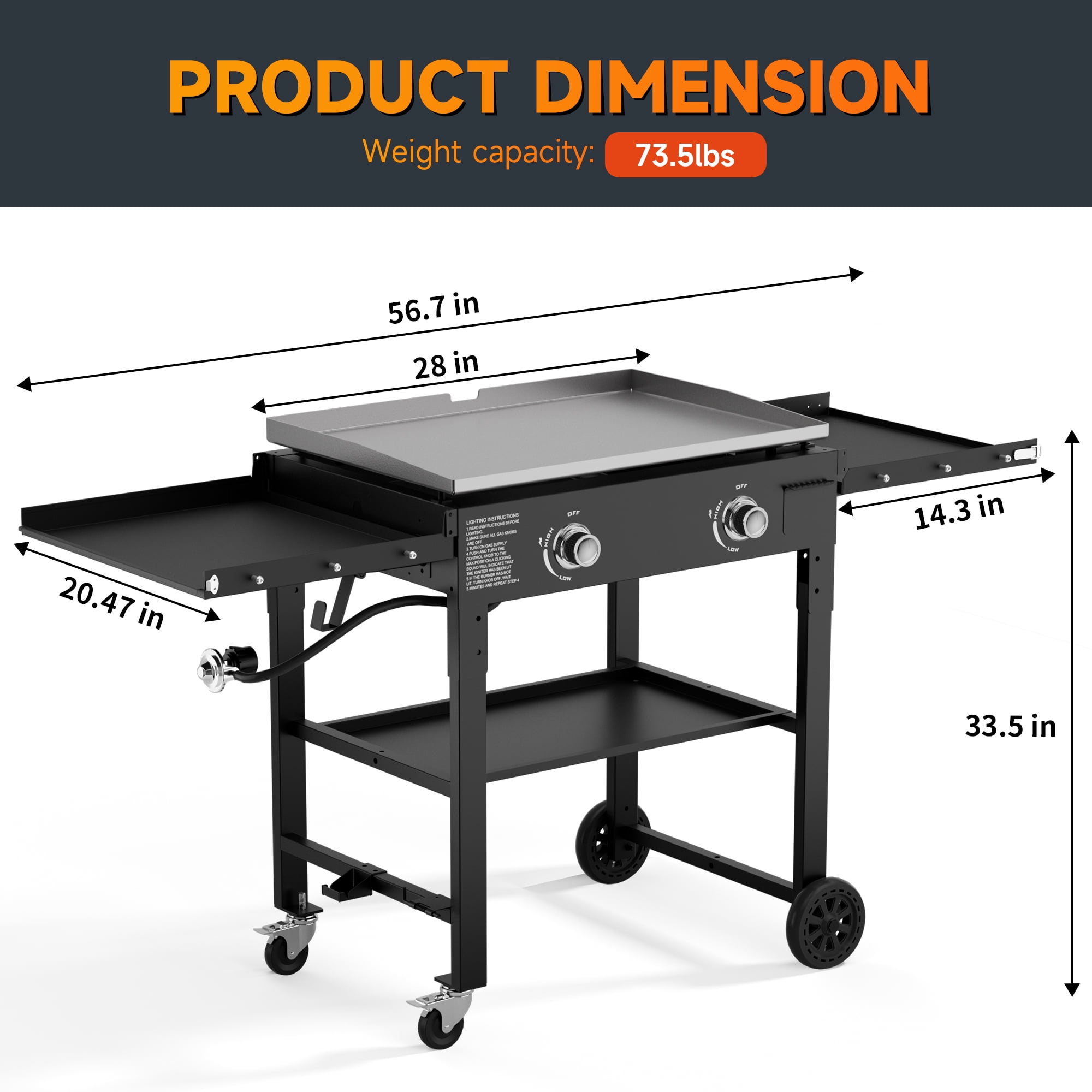 SKOK Foldable 2 Burners Gas Griddle - 28'' Outdoor Propane Flat Top Grill with Side Shelves - 30,000 BTU