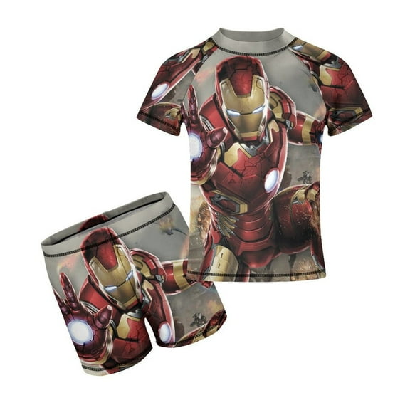 Iron Man Boys 2-Piece Swimsuit Set, Short Sleeve Rash Guard & Swim Trunks