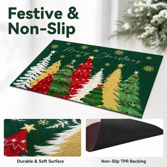 Merry Christmas Trees Christmas Decorative Doormat, Winter Low-Profile Non-Slip Doormat, Outdoor Indoor Home Decor