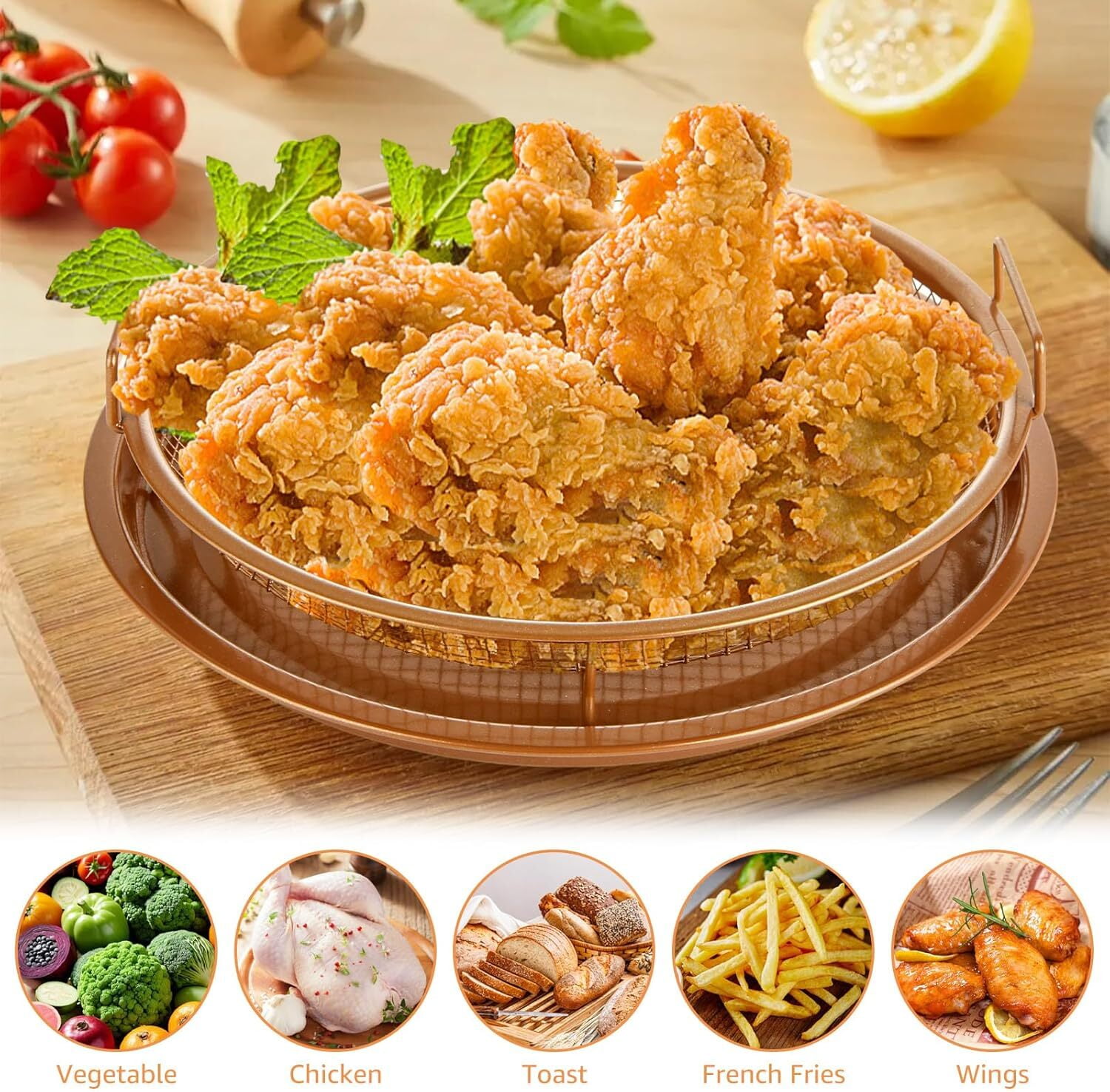 Air Fryer Basket for Oven, 2 Pieces Set Round 12'' Non-stick Stainless Steel Mesh Air Fryer Baking Tray Accessories Rack Roasting Grill Basket for Convection Oven Air Fryer, Dishwasher Safe