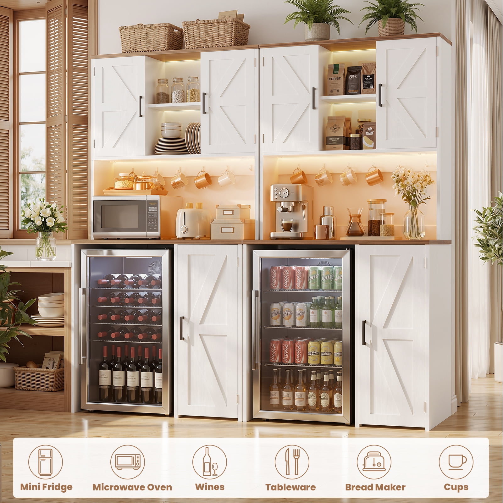 Aheaplus 2-in-1 Mini Fridge Cabinet & Coffee Bar Station Bundle - with Power Outlet, LED Light, Microwave Shelf & Storage, Ideal Beverage Center for Kitchen, Dorm, Office,White