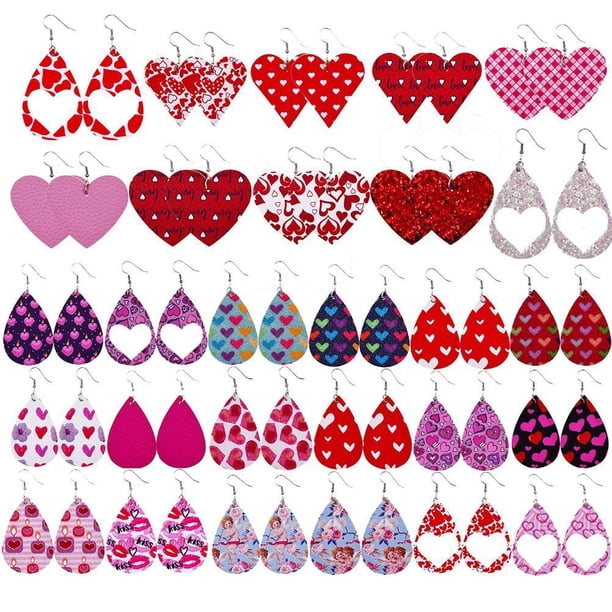 Pendientes De Gota De Cuero Para El Día De San Valentín, Pendientes Colgantes Con Estampado De Corazón En Forma De Lágrima, Pendientes Colgantes De Cuero Para Mujer 30 Pares Vogacara AP005489-00