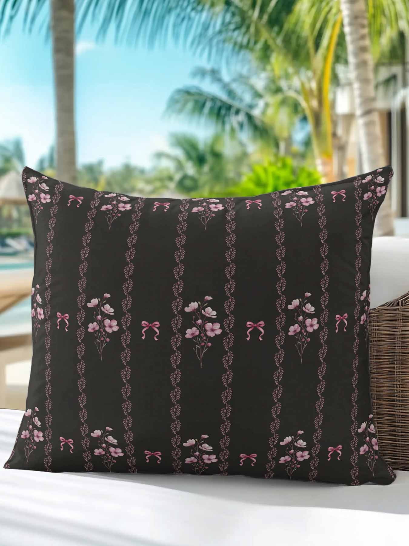 1 Pack Outdoor Throw Pillow, Spring Floral Waterproof Pillow with Insert Included, Vintage Bohemia Flowers Leaves Bows Black Decorative Accent Cushion Sofa Pillows for Patio Porch, 16 x 16 In