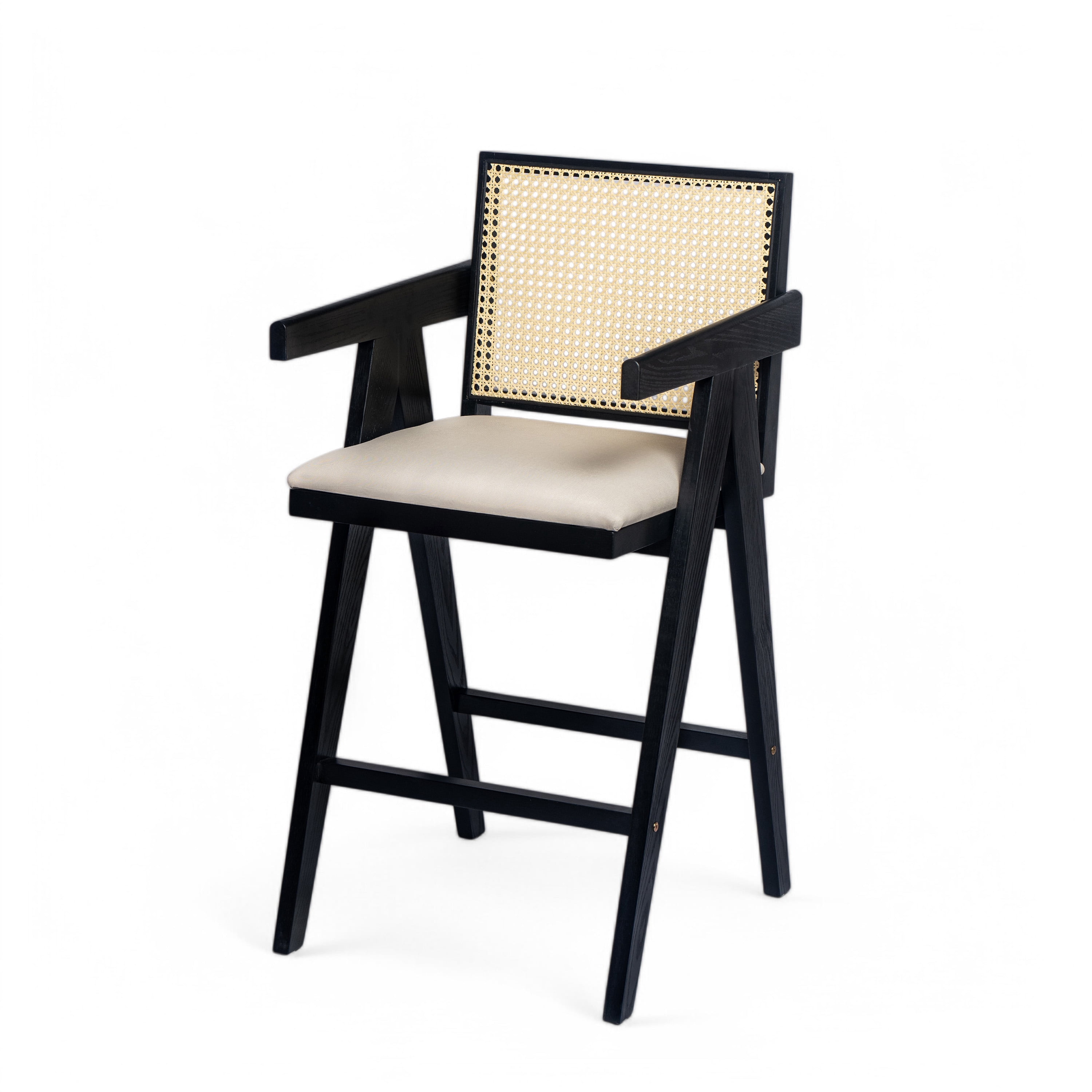 Bar Stool Set of 2 with Woven Cane Plastic Backrest and Foam-Padded Fabric Seat, 27-Inch Rubberwood Frame for Kitchen Island and Home Bar, Cream Grey and Natural