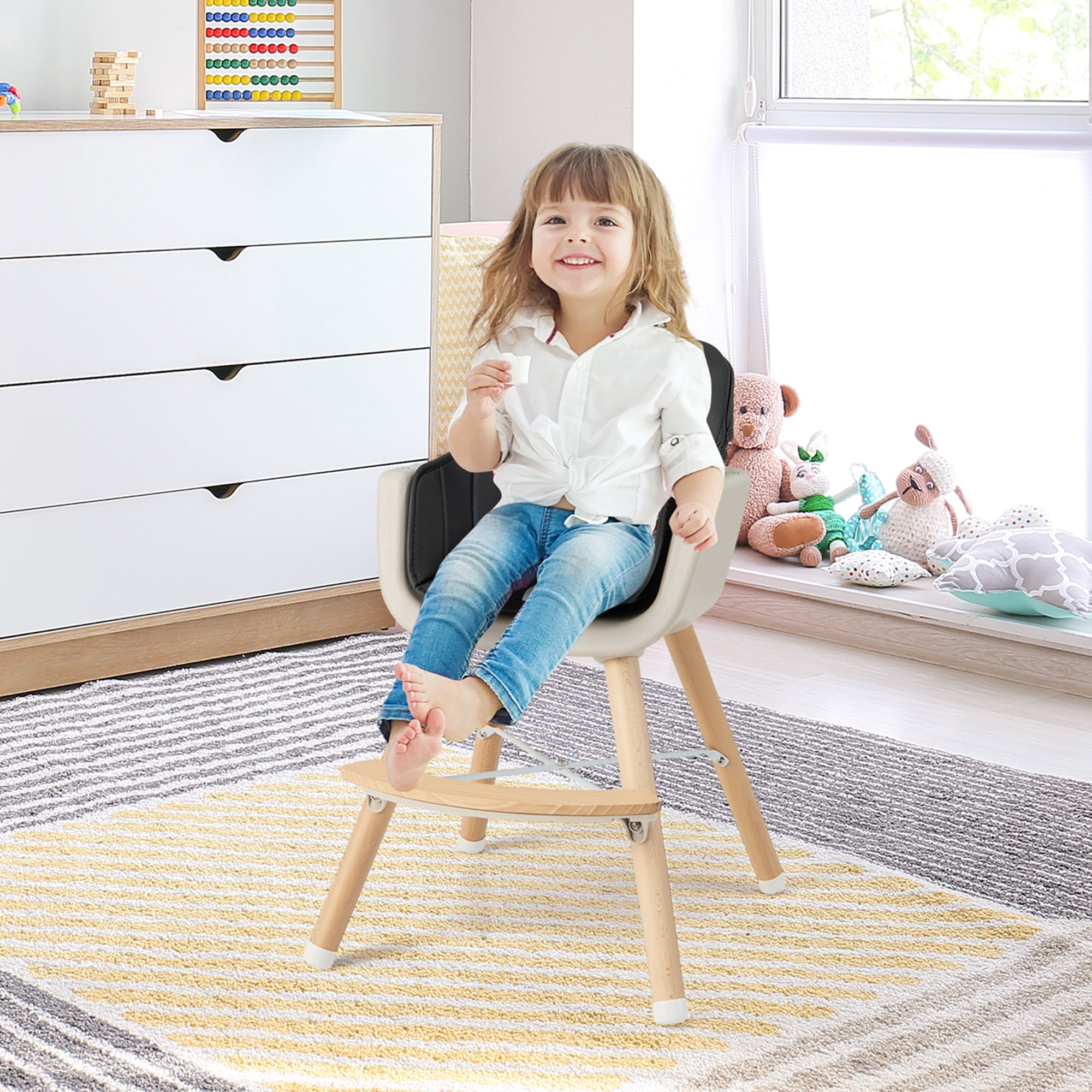 Babyjoy 3 in 1 Convertible Wooden High Chair Toddler Feeding Chair with Cushion Black
