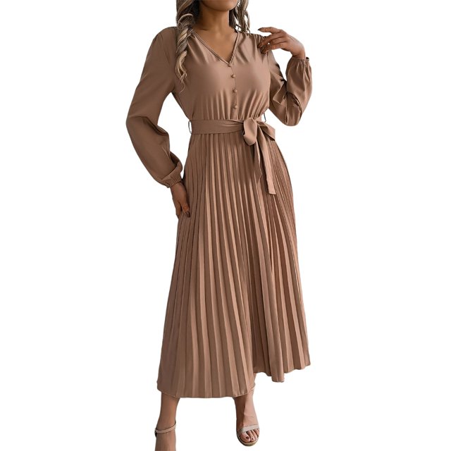 Wdgfv Robe Maxi à Volants pour Femmes, Plissée en Ligne Fluide, Décontractée pour Affaires, Manches Longues Smockées Modestes pour le Printemps