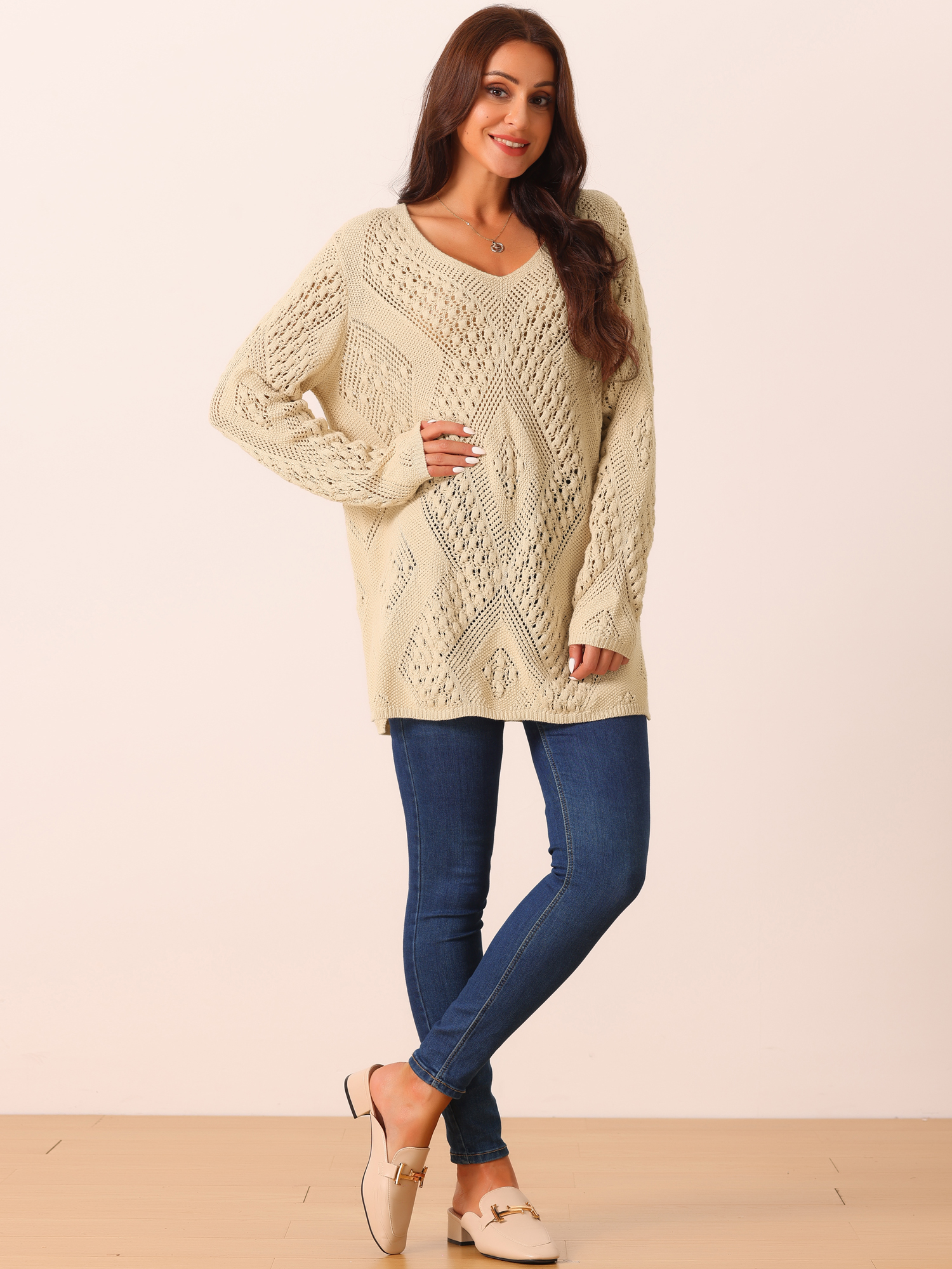 DARING DIVA Hollow Cable Knit Loose Casual Pullover Sweaters M Khaki