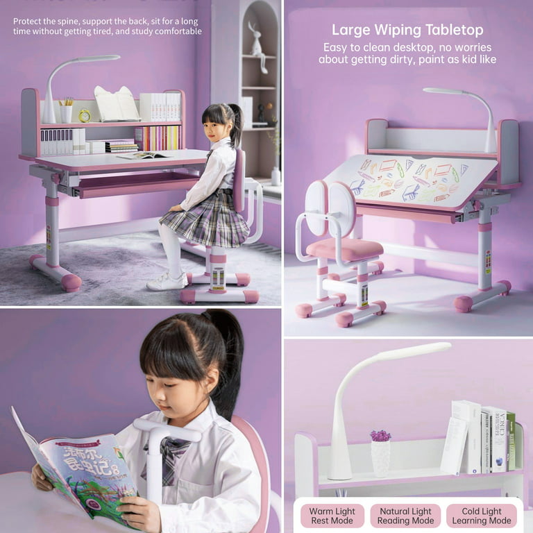 Kids Study Desk and Chair Set Height Adjustable, Ergonomic Children Study Table with Tilt Desktop, School Workstation Writing Functional Desk with