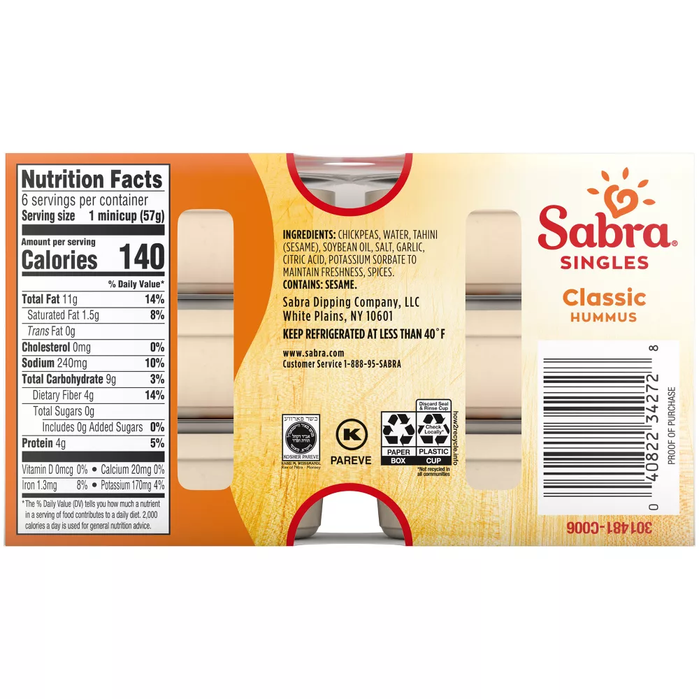 Sabra Singles Classic Hummus Dip, Non-GMO, Gluten Free, Vegan On-the-Go Hummus Spread, 2 oz Cup (6 Count)