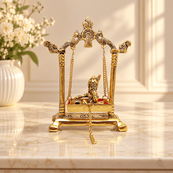 KridayKraft Laddu Gopal on Jhulla Palana Metal Statue Gold Plated Decor Your Home,Office Metal Krishna Murti,Showpiece Figurines,Religious Idol Gift Article