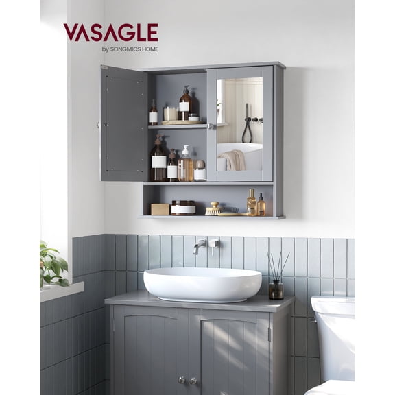 VASAGLE Bathroom Cabinet with Mirror, Wall Cabinet with 2 Mirrored Doors, Adjustable Shelf, Open Compartment, Wall-Mounted, 5.1 x 22.2 x 23 Inches, Dove Gray