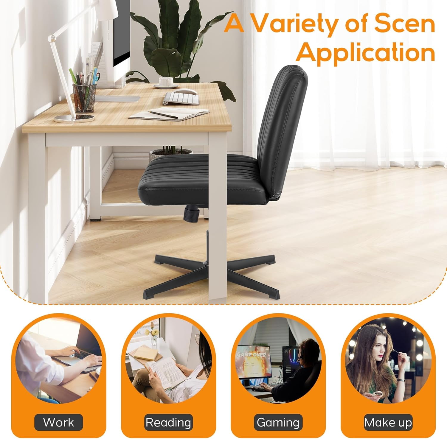 Criss Cross Chair, Cross Legged Office Chair, Wide Comfty Desk Chair, No Wheels Armless Computer Task Chair, Swivel Vanity Home Chair, Height Adjustable