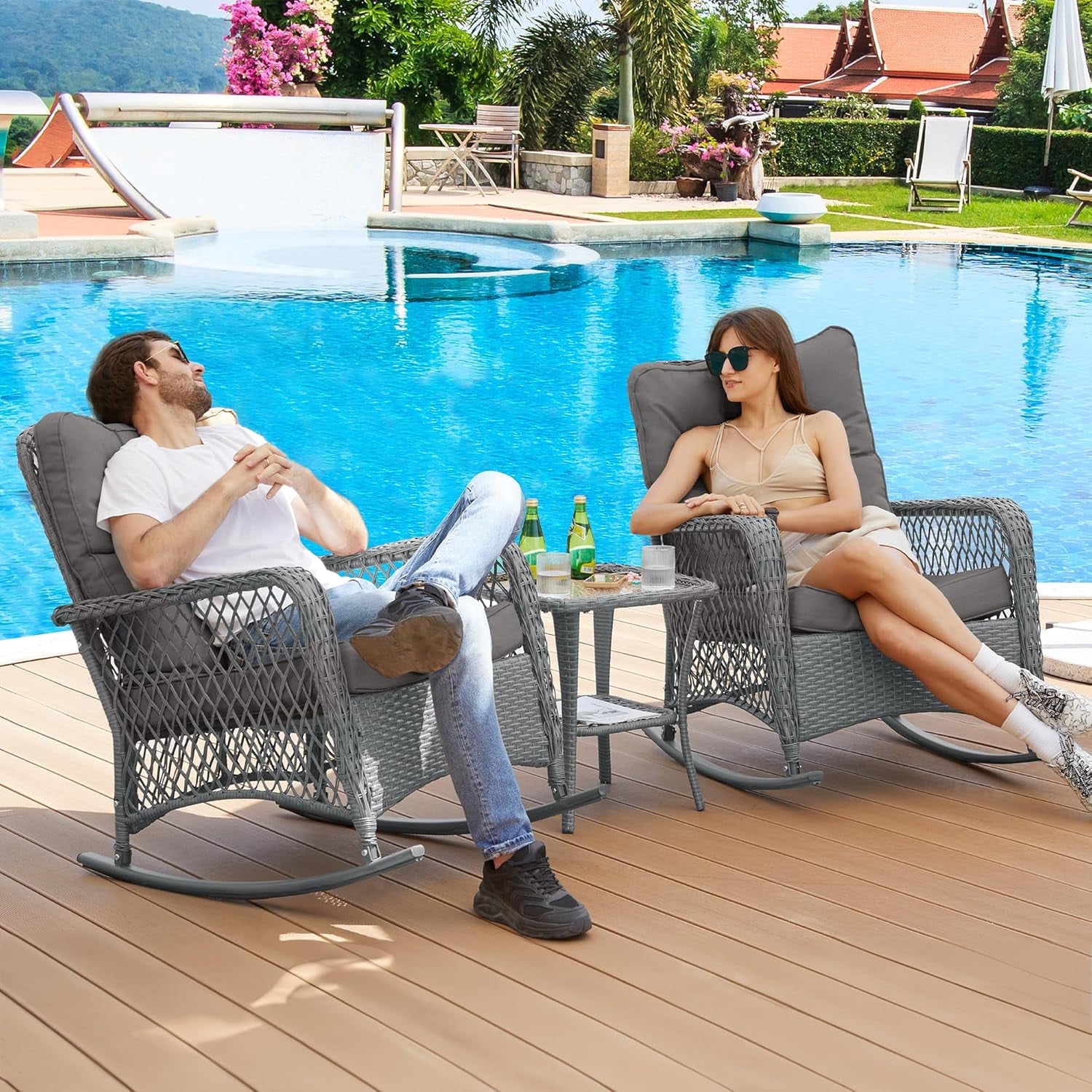 Techmilly 3-Piece Outdoor Rocking Chairs, Wicker Patio Furniture with Thickened Cushions and Table for Porch (Grey)