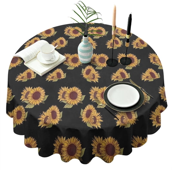Black Yellow Green Leaf Sunflower Pattern Round Tablecloth 60"x60",Wrinkle Wipeable Table Cloth for Kitchen Dining Room Picnic Patio Party