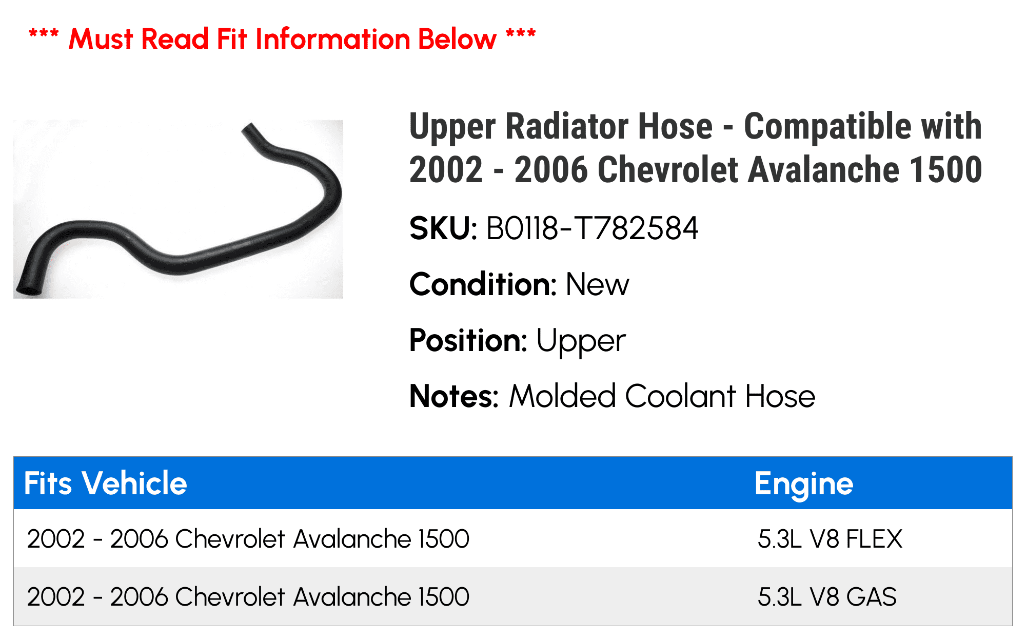 Upper Radiator Hose - Compatible with 2002 - 2006 Chevy Avalanche 1500 2003 2004 2005